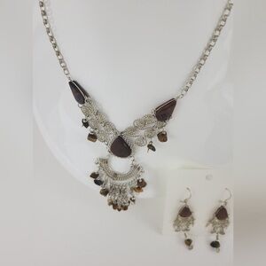 Elegant Silver and Brown Necklace and  Earring Jewelry Set